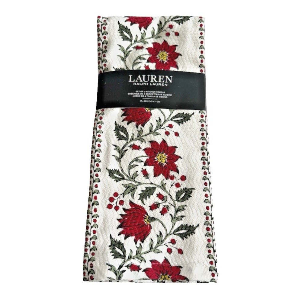 Ralph Lauren Christmas Kitchen Dish Towels Poinsettia Red 100% Cotton Set of 3